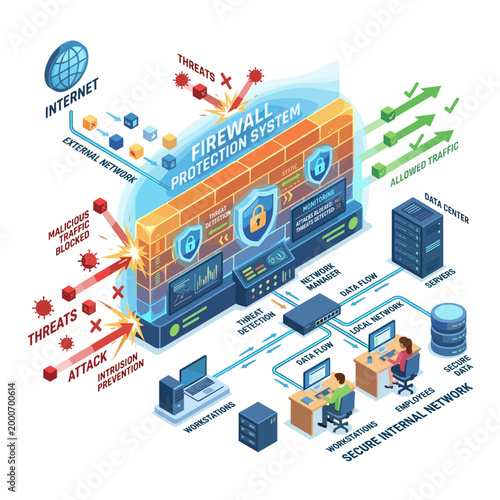 Isometric diagram of firewall protecting network from cyber threats