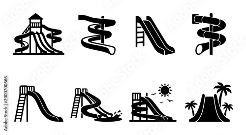 Bild auf Leinwand Water park slide icons set, black silhouette waterslide vector collection, 8 aqu