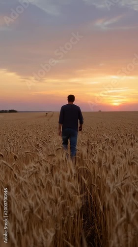 A Solitary Figure Walking Through a Golden Wheat Field at Sunset, Capturing the Serenity and Beauty of Nature Amidst a Vibrant Sky and Endless Horizons.