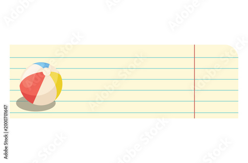 Inflatable beach ball on lined school torn paper. Minimalist summer banner template. Vector illustration for diaries, planners, checklists, notepads, cards, and social media.