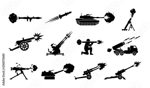 Tableau sur toile Military artillery and heavy weapon silhouettes, 12 war vehicle and soldier icon