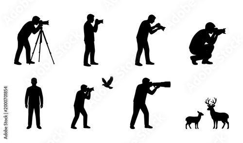 Foto Professional photographer silhouettes set, wildlife photography icons with camer