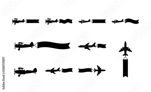 Obraz na płótnie Vintage airplane silhouettes with advertising banners, set of 10 biplane and jet