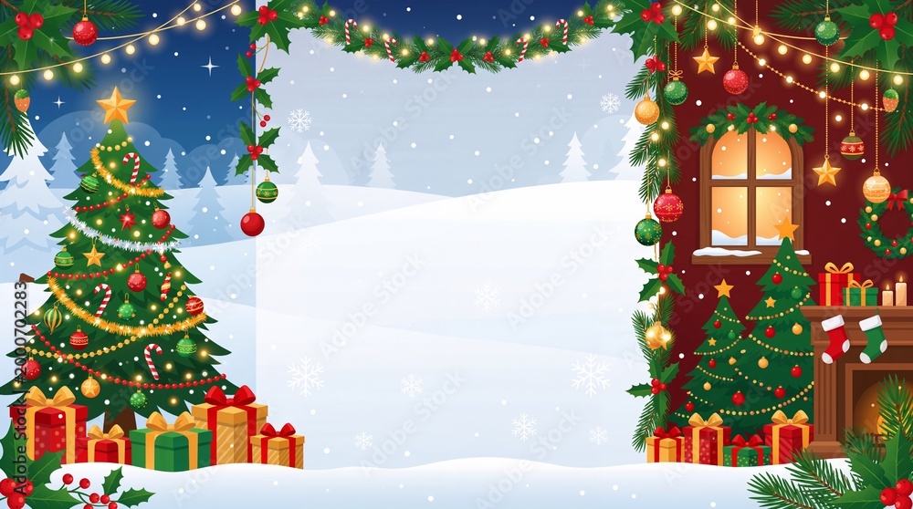 Obraz premium Christmas scene with decorated house and tree.