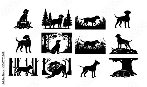 Fotografi Black dog silhouette collection, 12 hunting dog vector icons in nature scenes, l