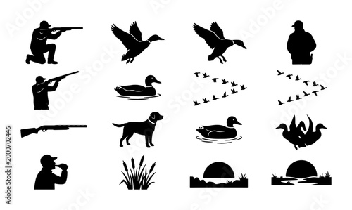 Obraz na plátně Duck hunting silhouette collection, 16 vector icons of hunters and waterfowl, ma