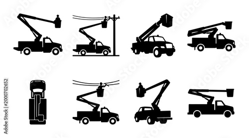 Obraz na płótnie Bucket truck silhouette set, utility cherry picker vehicle icons, industrial lif