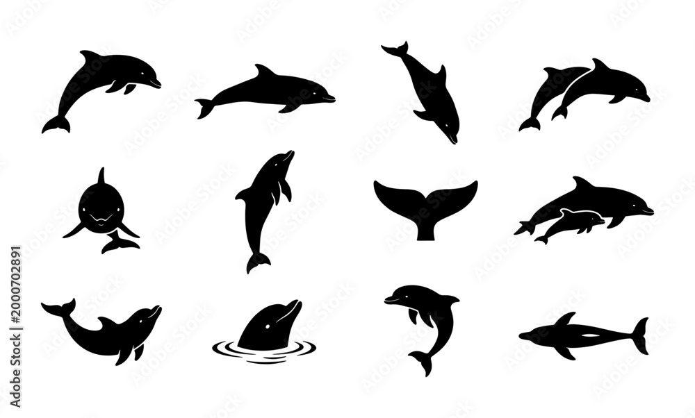 Obraz premium Dolphin silhouette collection, set of 12 aquatic mammal icons in black vector format, marine life jumping and swimming dolphin shapes for ocean branding