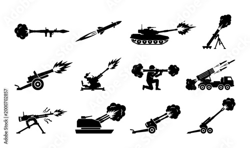 Photos Military artillery and heavy weapon icons, black silhouette set of 12 combat veh