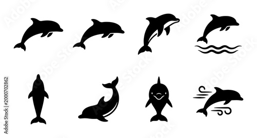 Konstfotografi Dolphin silhouette icons set, black marine animal vector graphics, jumping sea m