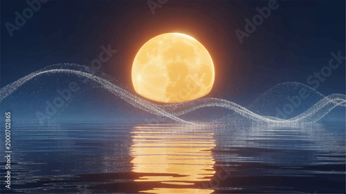 A digital art composition of a large, perfect orange moon rising over a serene ocean at night 