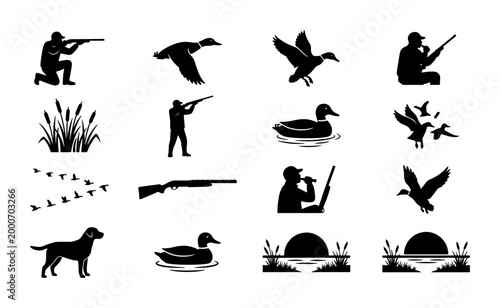 Fotografi Duck hunting silhouette icons set, 16 vector elements of hunters and waterfowl,