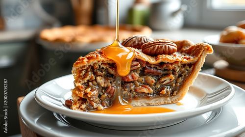 Homemade Pecan Pie with Syrup Drizzle – Sweet Holiday Dessert Concept