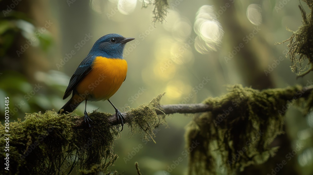 Naklejka premium Colorful bird perched on mossy branch in misty forest. Possible use Nature photography