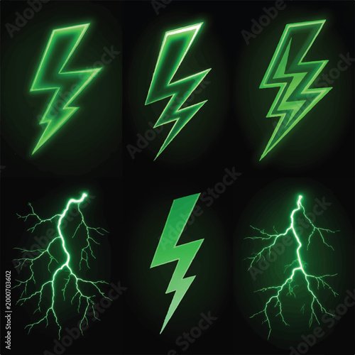 A digital art composition of six separate green lightning bolts arranged in a 2x3 grid against a black background 