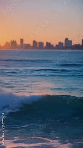 Captivating Sunset Over City Skyline Reflecting in Calm Ocean Waves with Soft Lapping Tides as the Sun Dips Below the Horizon, Creating a Serene Atmosphere