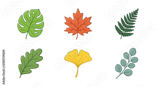 Botanical Leaves Doodle Icon Set in Flat Cartoon Style