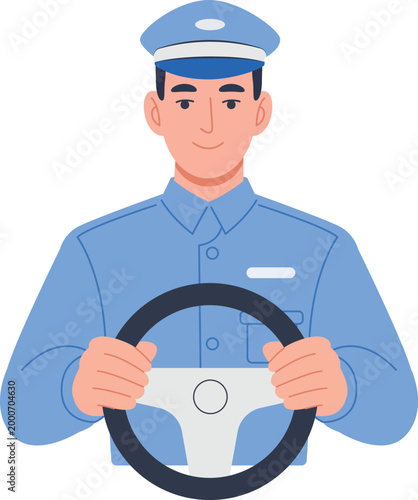 Professional Driver Illustration Vector – Transportation Worker Driving Wheel Flat Design