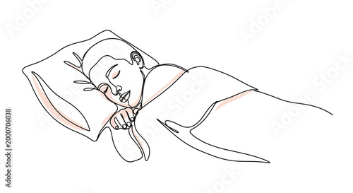 Continuous line art illustration of a person sleeping peacefully on a pillow, rendered in a minimalist, modern style with delicate peach accents