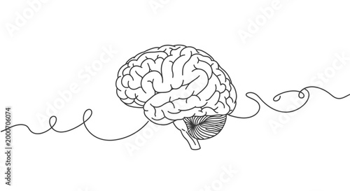 Continuous line art illustration of a human brain with a flowing line representing thoughts or ideas, presented in a minimalist, abstract style
