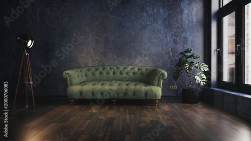 Elegant Green Velvet Sofa in Dark Industrial Living Room Interior