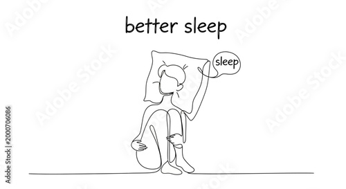 Continuous line art illustration of a person in a fetal position on their side, hugging a pillow and dreaming of sleep, representing the concept of better sleep