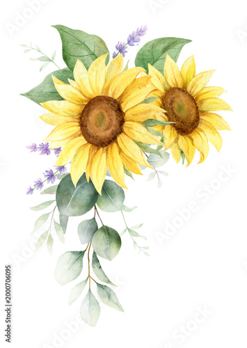 Watercolor wreath with sunflower, lavender flowers and eucalyptus leaves. Gre...