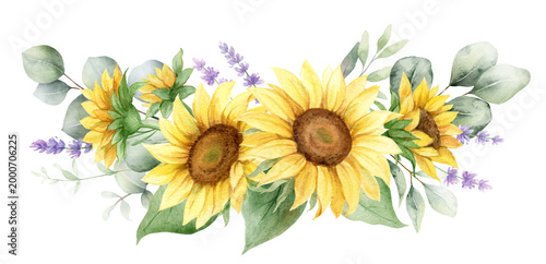 Watercolor wreath with sunflower, lavender flowers and eucalyptus leaves. Gre...