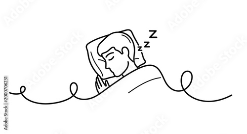 A restful night's sleep, illustrated with a single continuous line drawing of a person peacefully slumbering under the covers, complete with 'zzz' symbols indicating sleep