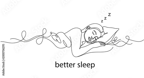 Continuous line art illustration of a woman peacefully sleeping on a pillow, with the text 'better sleep' emphasizing rest and relaxation and Zzz's indicating sleep