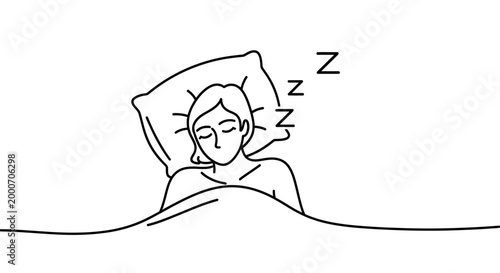 A person sleeping soundly in bed with zzz symbols indicating a peaceful and restful night, rendered in a clean, continuous line art style