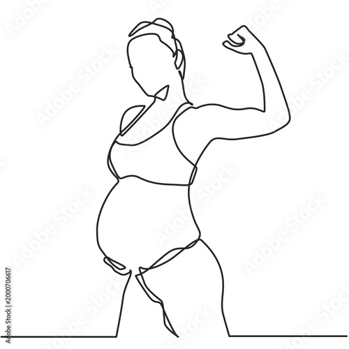 Pregnant Woman Poses Strongly – Minimalist One Line Art Vector Illustration