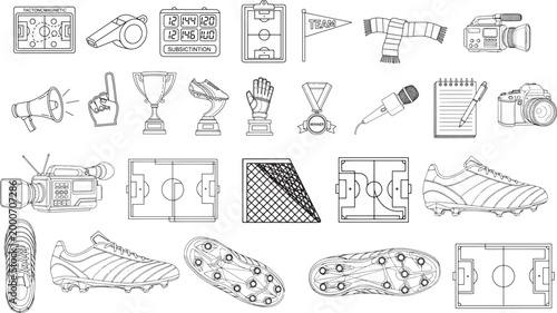 Professional football game broadcasting and coaching equipment line icons collection in thin stroke.