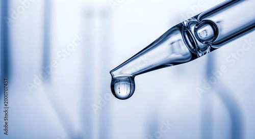 Clear Liquid Drop Suspended from Glass Pipette in a Scientific Laboratory Setting