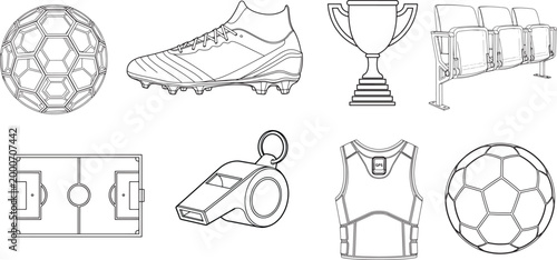 Soccer training essentials and stadium seating icons with football ball cleats trophy and whistle.