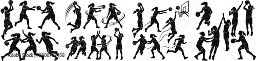 A black silhouette depiction of group women playing basketball, showcasing motion and teamwork, vector isolated on white