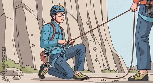 Rock Climbing Instructor Teaching Belaying Technique to Beginner