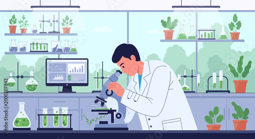 Scientist working in laboratory with microscope and plants, research concept