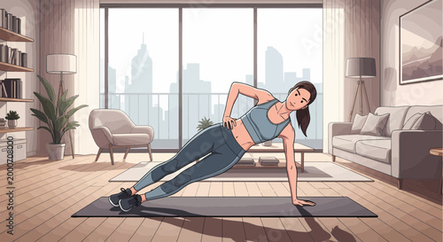 Woman doing side plank exercise in a bright, modern living room with city view