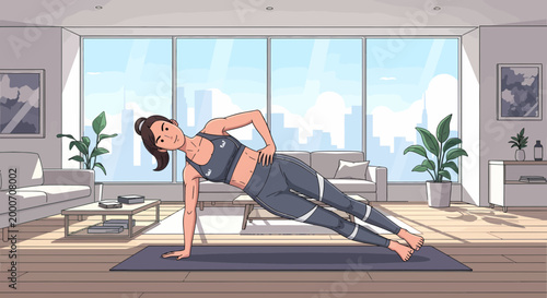 Woman doing side plank exercise at home, fitness, healthy lifestyle, yoga mat