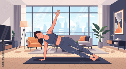 Woman doing side plank exercise in modern living room, home fitness concept