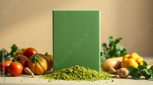 Green Product Box Mockup with Fresh Vegetables – Organic Branding and Eco Packaging Concept