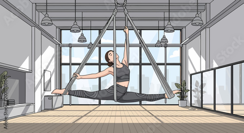 Woman practicing aerial yoga in a bright, modern studio with city view