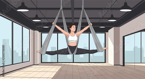 Woman practicing aerial yoga split in studio, fitness, flexibility, wellness