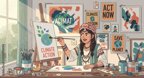 Young Artist Paints Climate Action Message on Canvas in Studio