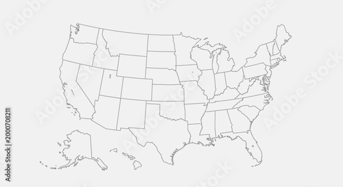 Detailed Outline Map of Contiguous United States with States Borders, Light Grey Background