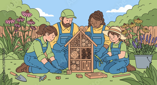 Family building a bug hotel in the garden, teaching children about nature