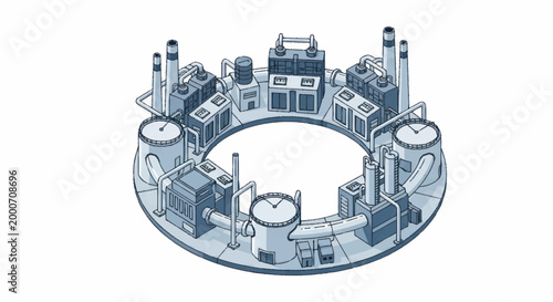 Photos Circular industrial complex with multiple factory buildings and chimneys