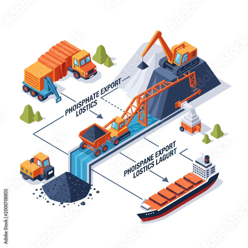 Isometric Illustration of Phosphate Export Logistics with Trucks, Conveyors, and Ship.