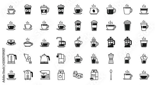 Collection of coffee and tea related icons, featuring cups, mugs, teapots, french press, kettles, milk cartons, spoons, and pastries